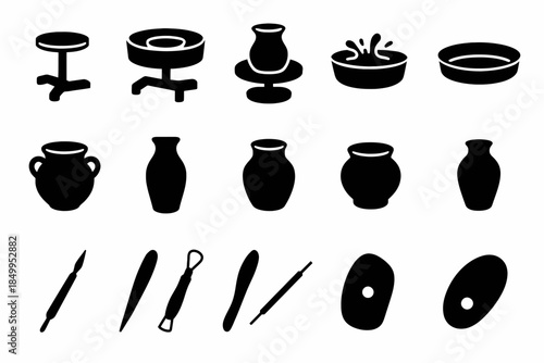 Silhouette icons of pottery tools and vessels: diverse pottery making equipment and supplies