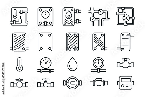 Technical line icons set featuring gauges, pipes, meters, thermometer, and water drop