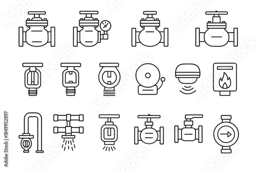 Line art icons of fire safety equipment and valves