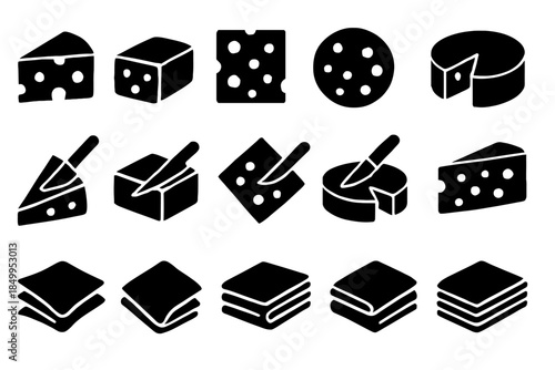 Different cheese types and slices silhouettes set in black and white