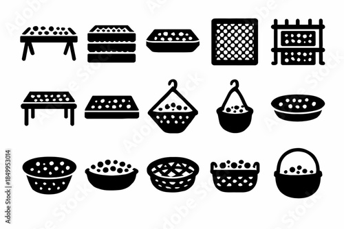 Variety of black and white basket icons for graphic design projects