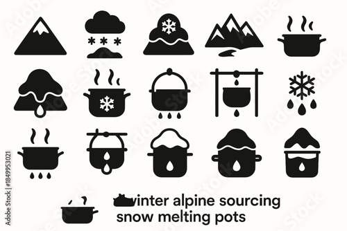 Winter alpine sourcing: snow melting pots and mountain icons