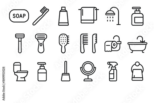 Bathroom essentials: soap, toothbrush, towels, and toiletries icons set