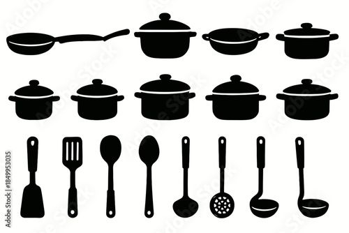 Silhouette collection of cookware and utensils including pans, pots, and spatulas