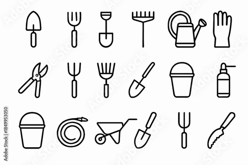 Simple gardening tools icon set including trowel, rake, and watering can