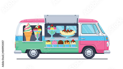 Colorful vintage ice cream van offers a delightful selection of frozen treats and sundaes, perfect for a sweet summer day.