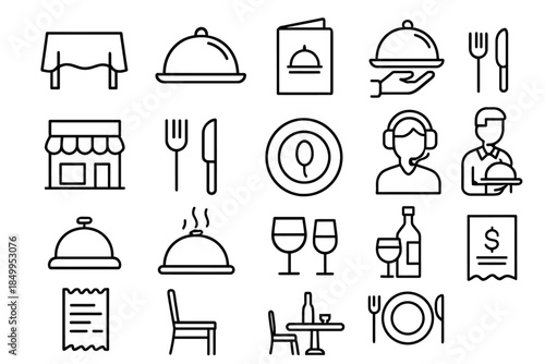Restaurant icon set: dining, service, menu, cutlery, staff, wine, receipt