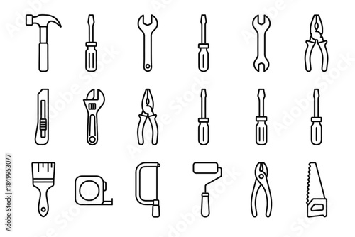 Icon set of essential diy tools: hammer, screwdriver, wrench, pliers, saw, tape measure