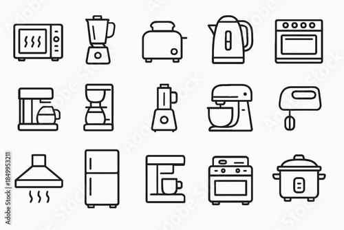 Collection of kitchen appliance icons: blender, toaster, kettle, oven, coffee maker, mixer, fridge