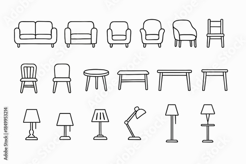 Minimalistic furniture icons: sofas, chairs, tables, lamps in black and white outlines