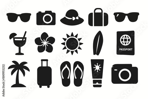 Silhouette icons of vacation essentials: sunglasses, camera, hat, luggage, and more