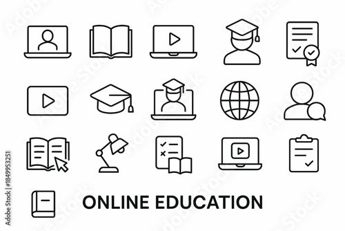 Online education icons set featuring diverse learning tools and technology