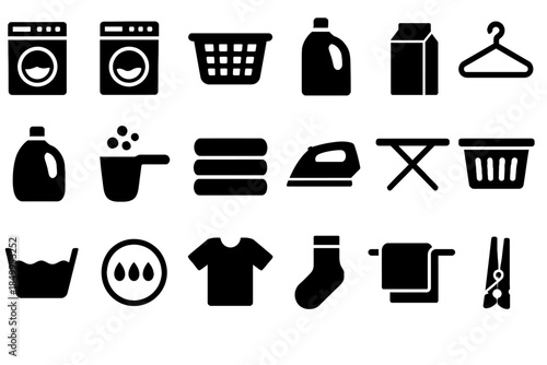 Laundry and cleaning icon set featuring washing, folding, and drying symbols