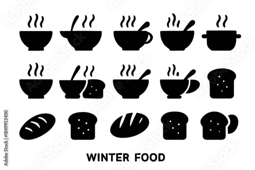 Silhouette icons of hearty winter meals: soup, bread, and steam imagery
