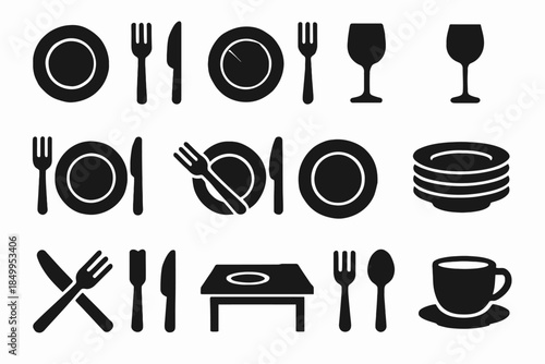 Silhouette icons of dining utensils and tableware collection