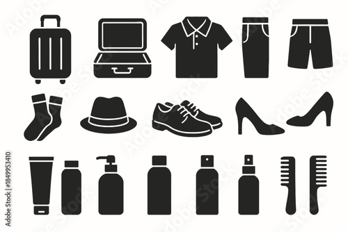 Travel essentials: luggage, clothing, footwear, toiletries, accessories
