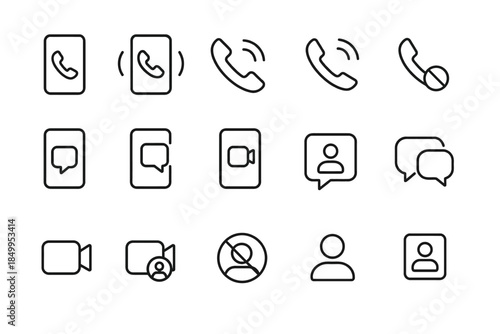 Communication icons set: phone, message, video call symbols in outline style