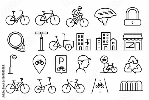 Cycling icons set: bikes, helmets, locks, and urban environment symbols collection