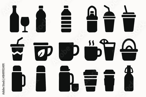 Silhouette collection of various drink containers and cups