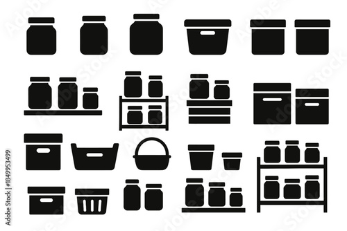 Black silhouette icons of jars and containers in various shapes and sizes