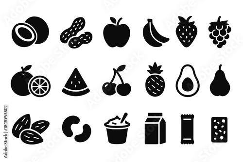 Silhouette icons of various fruits and snacks including coconut, apple, and almonds