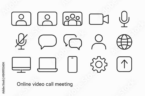 Online video call meeting icons set for digital communication