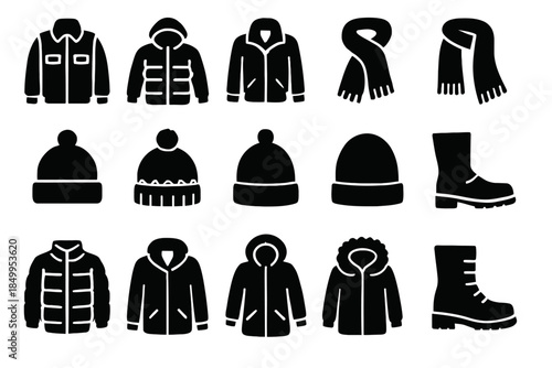Silhouette icons of winter clothing: coats, hats, scarves, and boots