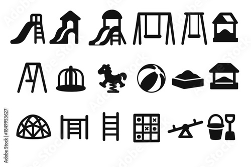 Playground equipment icons: swings, slides, ladders, sandboxes, see-saw, rocking horse