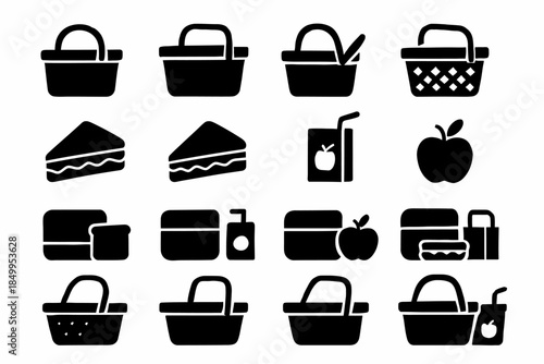 Silhouette picnic icons: baskets, sandwiches, juice, and apples