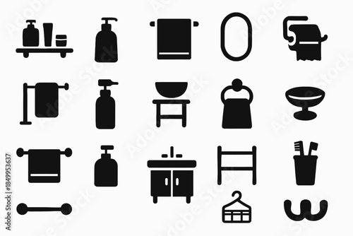 Bathroom icon set featuring toiletries, towels, and fixtures