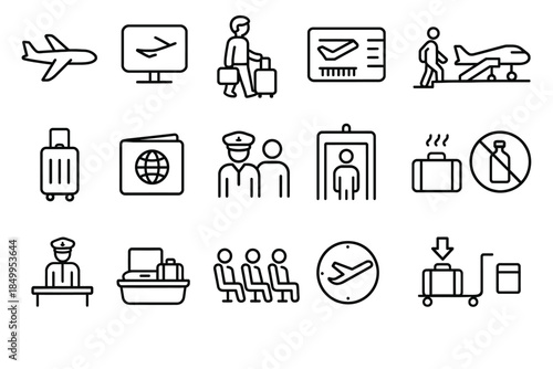 Airport travel icons set: boarding, security, passport, luggage, flights