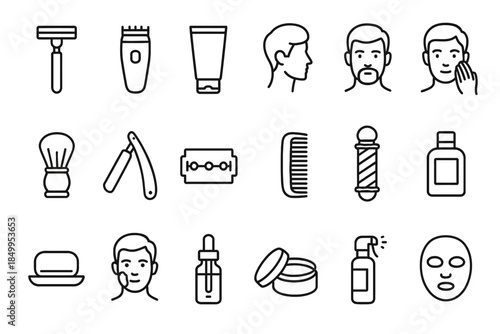 Male grooming icons: razors, shaving cream, barber pole, skincare products