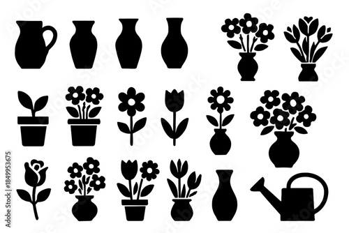 Silhouette collection of vases flowers and watering can icons