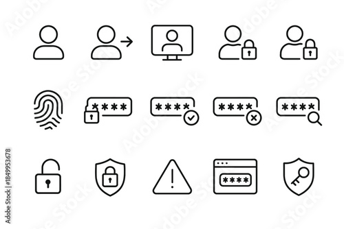 User security icons set: lock, password, fingerprint, shield, caution symbols