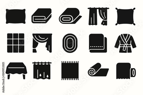 Set of black silhouette icons of home textiles and furnishings