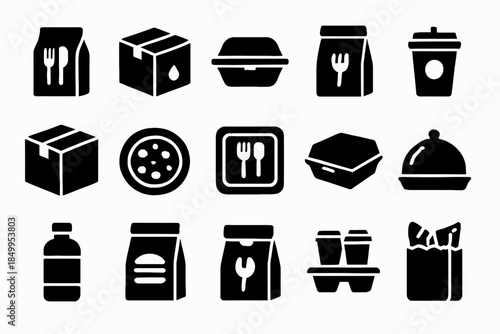 Set of bold black food delivery and takeout icons for modern applications