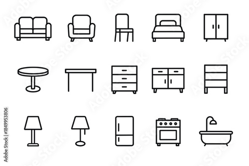Black and white line art icons of furniture and household items