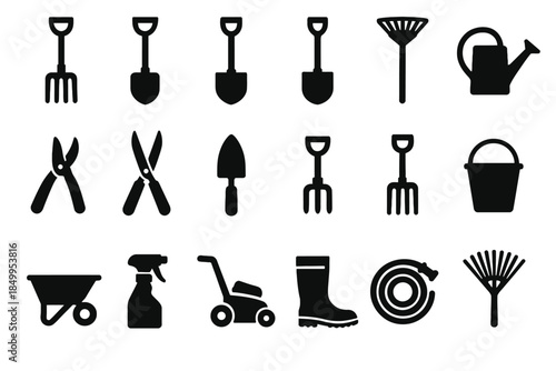 Collection of gardening tools icons including shovel, rake, and watering can