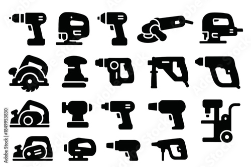 Collection of various power tool silhouettes in black