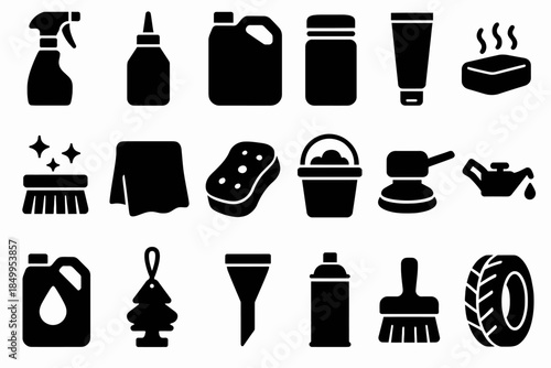 Collection of car cleaning and maintenance icons including spray bottle and sponge