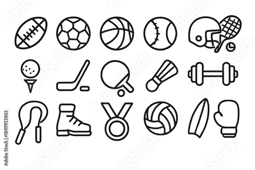 Black and white sports icons: football, basketball, baseball, tennis, hockey, gym equipment