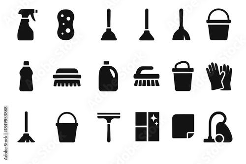 Cleaning tools icons set: spray bottle, sponge, plunger, mop, bucket, gloves, vacuum