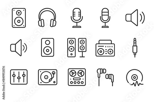 Audio equipment icons set: speakers, headphones, microphones, sound mixer, turntable, earbuds