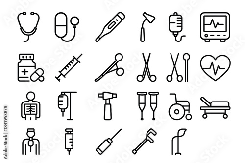 Black and white medical icons collection featuring equipment and healthcare symbols