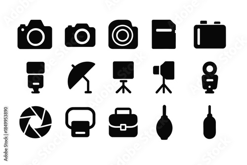 Photography equipment icons: cameras, lenses, tripods, flash, and filters
