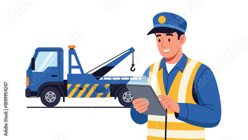 A smiling tow truck driver uses a digital tablet while standing next to his vehicle, providing roadside assistance.