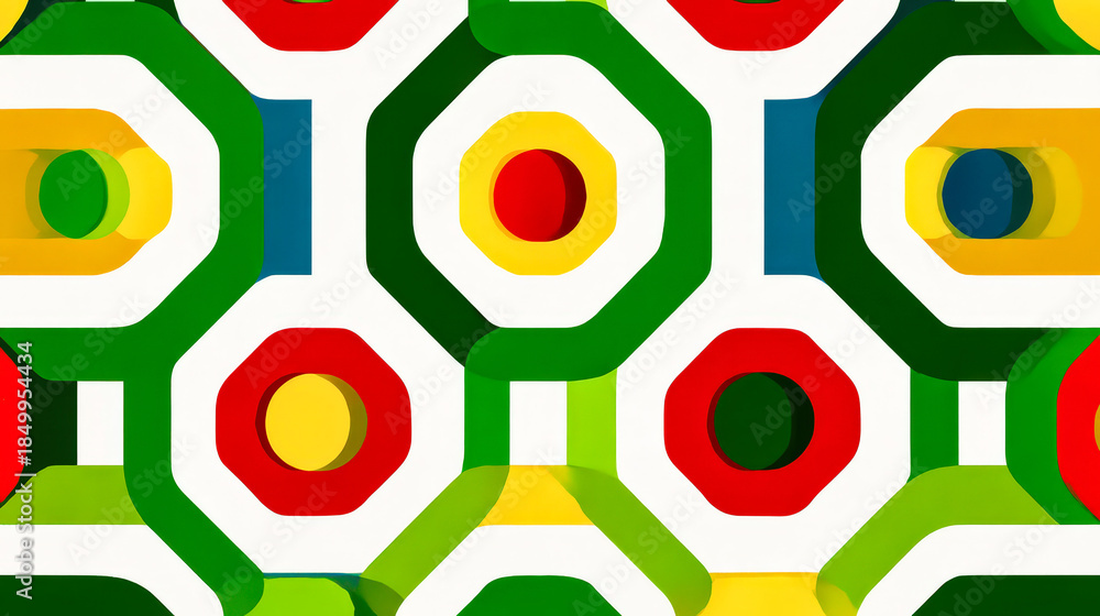 Colorful pattern of circles and squares. The circles are red, yellow, and green. The squares are white. The pattern is very busy and colorful