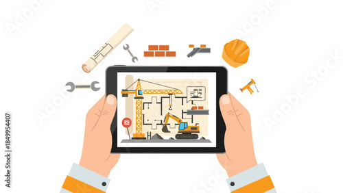 Hands holding a tablet displaying a construction blueprint with surrounding tools, representing modern building design and project management.