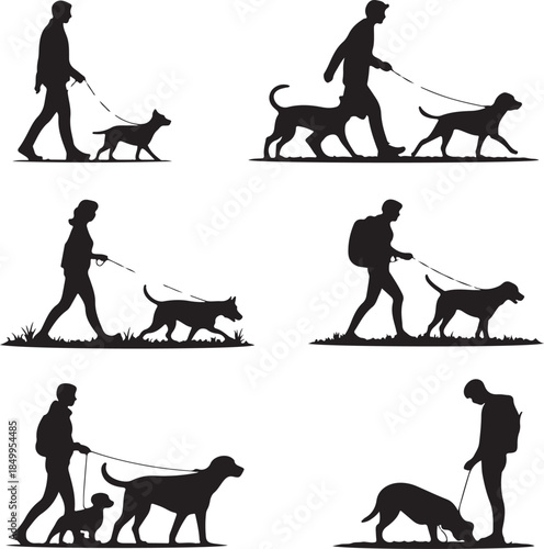 Dog Walking Silhouette Icon Set