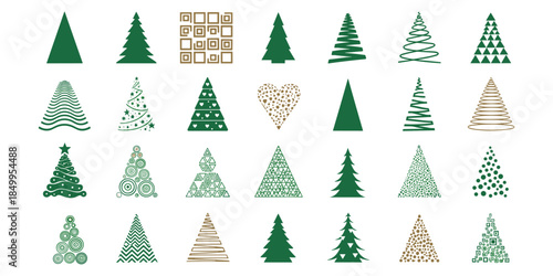 Christmas tree icon set, festive holiday symbols, geometric seasonal designs, decorative pine sketches, green gold art, flat vector illustration